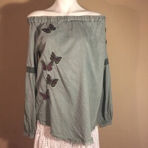 Billy T embroidered butterfly tunic top raw hem  olive green size M